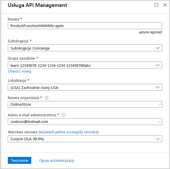 Zrzut ekranu przedstawiający ustawienia usługi API Management.
