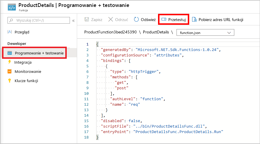 Zrzut ekranu przedstawiający okienko Kod i test ProductDetails z wybraną pozycją Test/Uruchom na pasku poleceń.