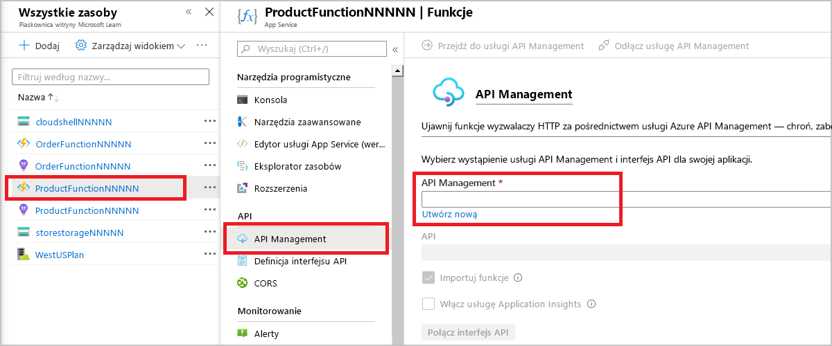 Zrzut ekranu przedstawiający wybór menu, aby otworzyć usługę aplikacji API Management.