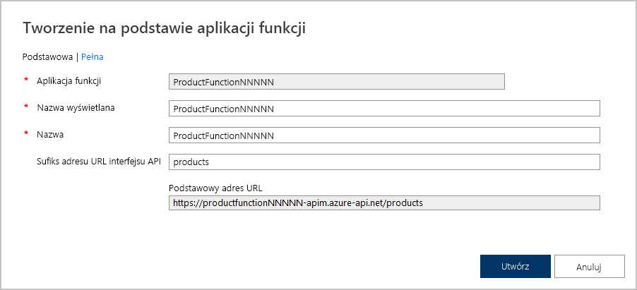Zrzut ekranu przedstawiający okno dialogowe Tworzenie na podstawie aplikacji funkcji.