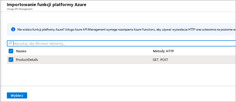 Zrzut ekranu przedstawiający okienko Importowanie usługi API Management usługi Azure Functions.