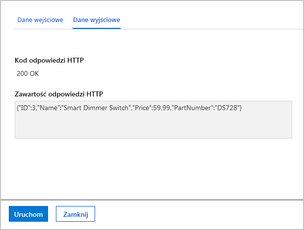 Zrzut ekranu przedstawiający dane wyjściowe okienka testu i uruchomienia z wynikami odpowiedzi uruchomienia metody GET.