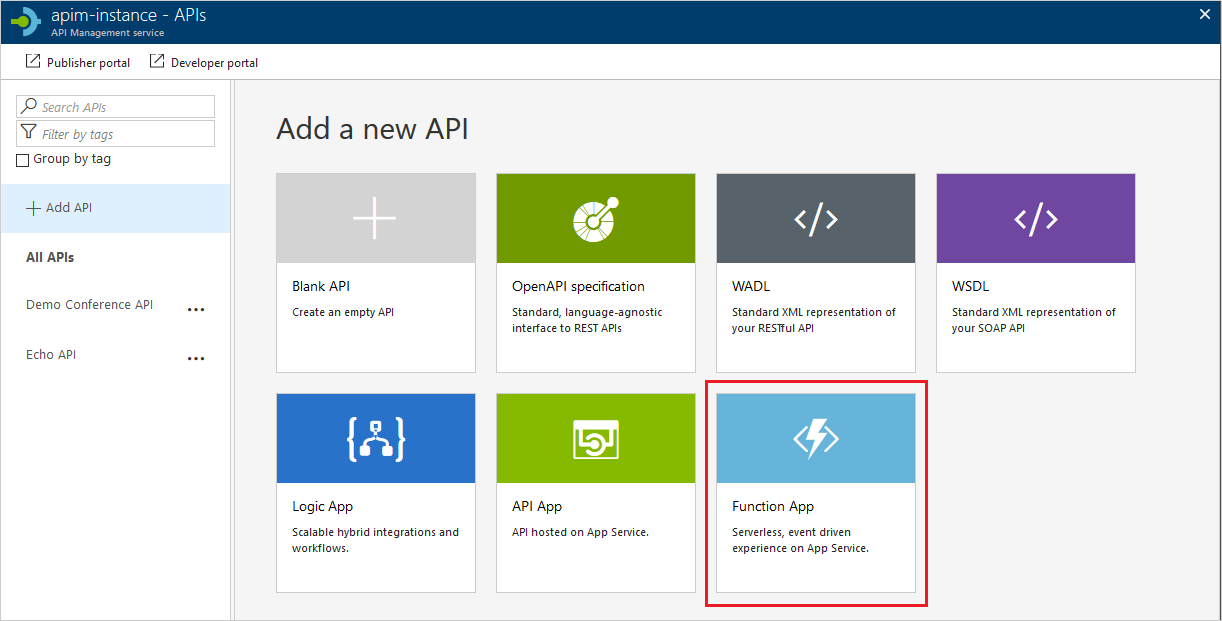 Zrzut ekranu przedstawiający ekran dodawania nowego interfejsu API z wyróżnioną opcją aplikacji funkcji platformy Azure.