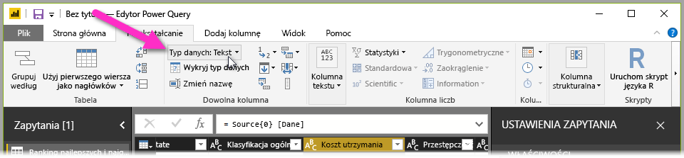 Wstążka Przekształć i przycisk Typ danych