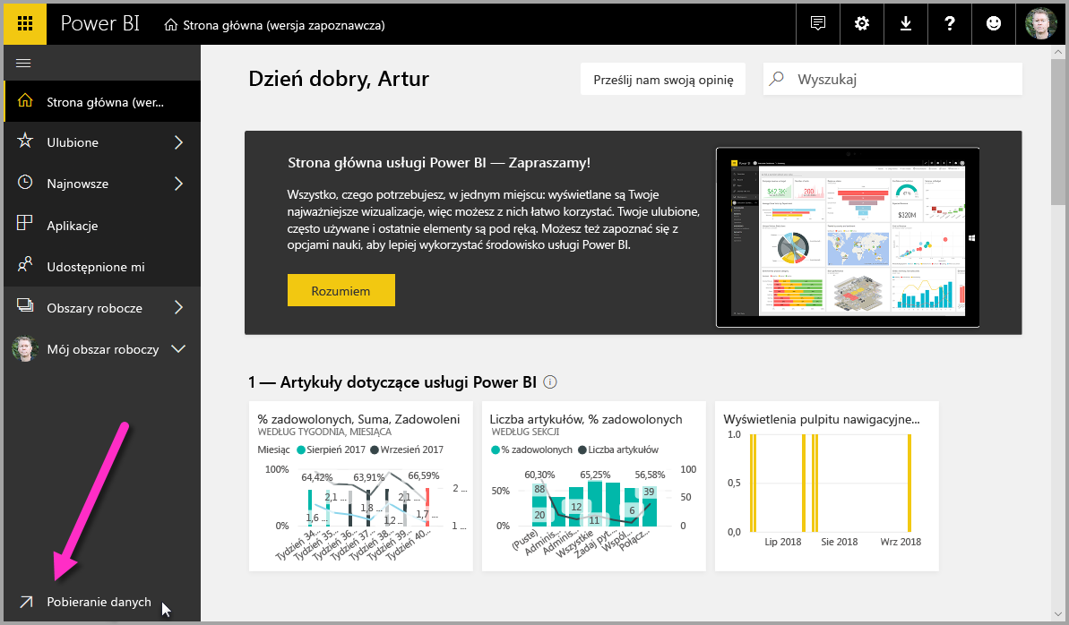 Pobieranie danych w Power BI usłudze