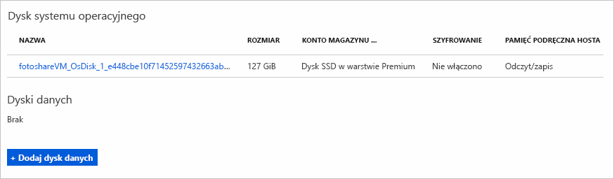 Screenshot of the Azure portal showing the Disks section of a VM pane, with the OS disk shown and set to Read-only caching.