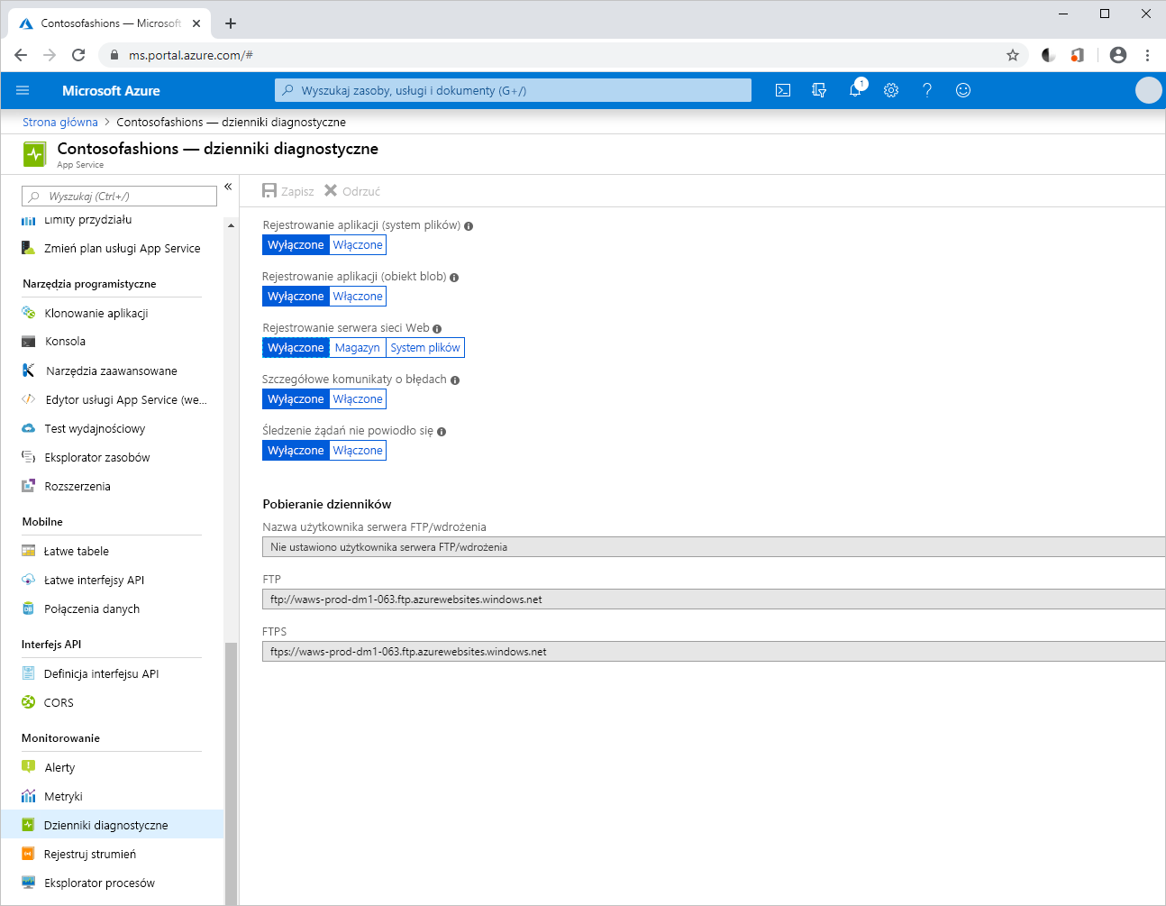 Zrzut ekranu przedstawiający okienko dzienników diagnostycznych w witrynie Azure Portal.