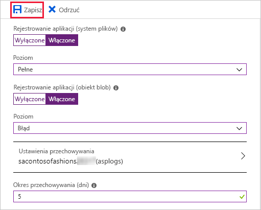 Zrzut ekranu przedstawiający konfigurowanie dzienników aplikacji w witrynie Azure Portal z wyróżnioną pozycję Zapisz.
