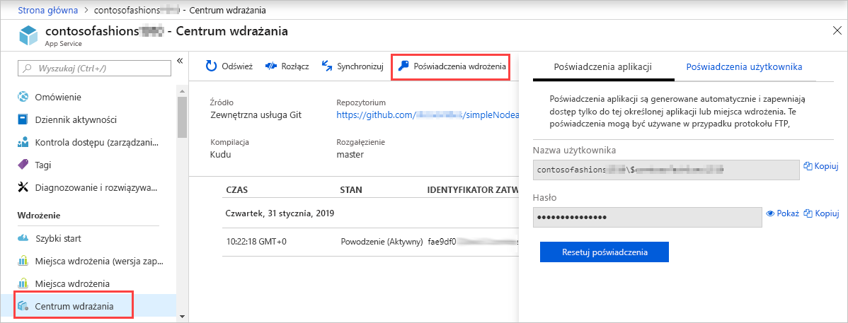 Zrzut ekranu przedstawiający okienko Centrum wdrażania usługi App Service z kartą Poświadczenia FTPS.