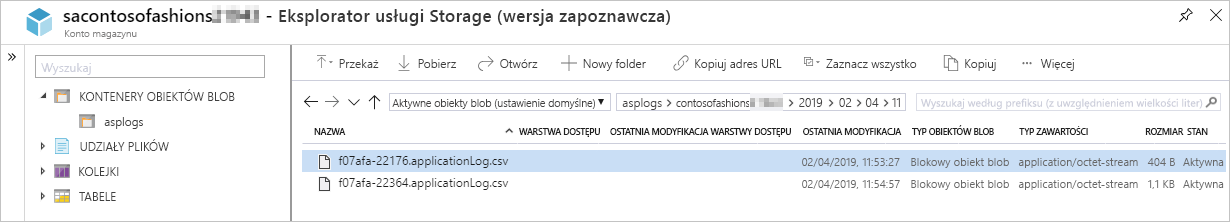 Zrzut ekranu przeglądarki usługi Storage umożliwiający pobranie dzienników aplikacji systemu Windows z kontenerów obiektów blob.