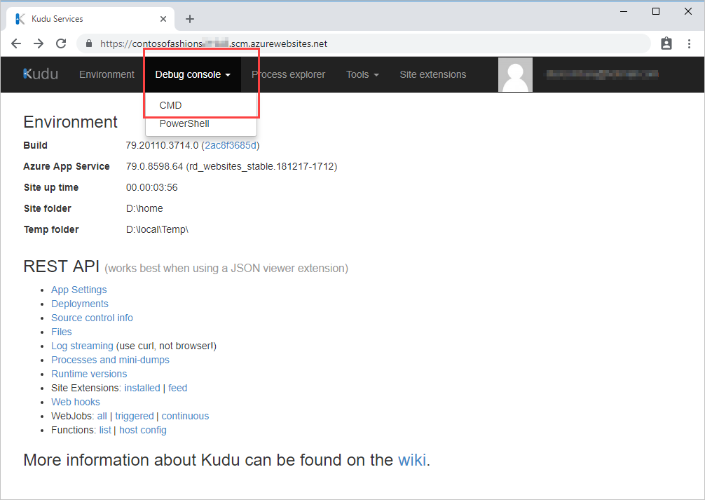 Zrzut ekranu strony środowiska Kudu z wyróżnioną opcją menu cmd konsoli debugowania.