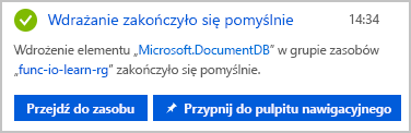 Zrzut ekranu przedstawiający powiadomienie o zakończeniu wdrażania konta bazy danych.