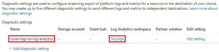 Screenshot of the Azure portal interface for the Azure Cosmos DB account, showing the diagnostic settings.