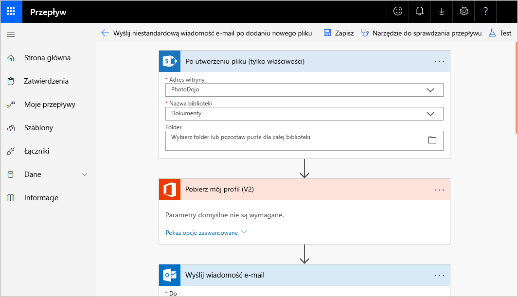 Zrzut ekranu przedstawiający projektanta usługi Microsoft Power Automate z widocznym przepływem pracy, wyzwalaczem w postaci pliku, akcją pakietu Office umożliwiającą pobranie profilu użytkownika i akcją programu Outlook umożliwiającą wysłanie wiadomości e-mail.