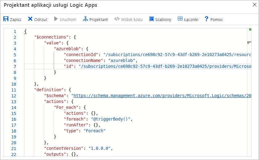Zrzut ekranu przedstawiający edytor kodu usługi Azure Logic Apps w witrynie Azure Portal.