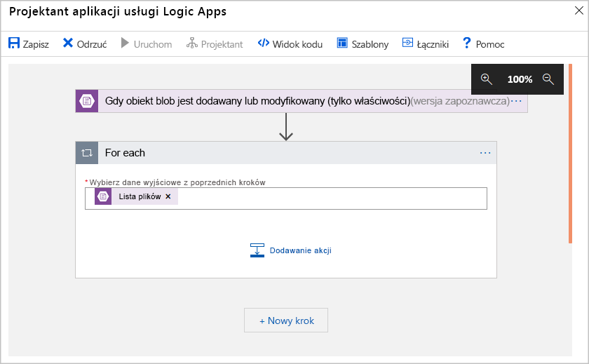 Zrzut ekranu przedstawiający projektanta przepływu pracy usługi Azure Logic Apps w witrynie Azure Portal.