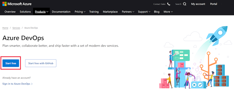 Screenshot of the Azure DevOps home page, with link to Start Free highlighted.