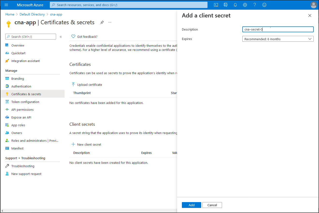 Zrzut ekranu przedstawiający blok Dodawanie wpisu tajnego klienta w witrynie Azure Portal.