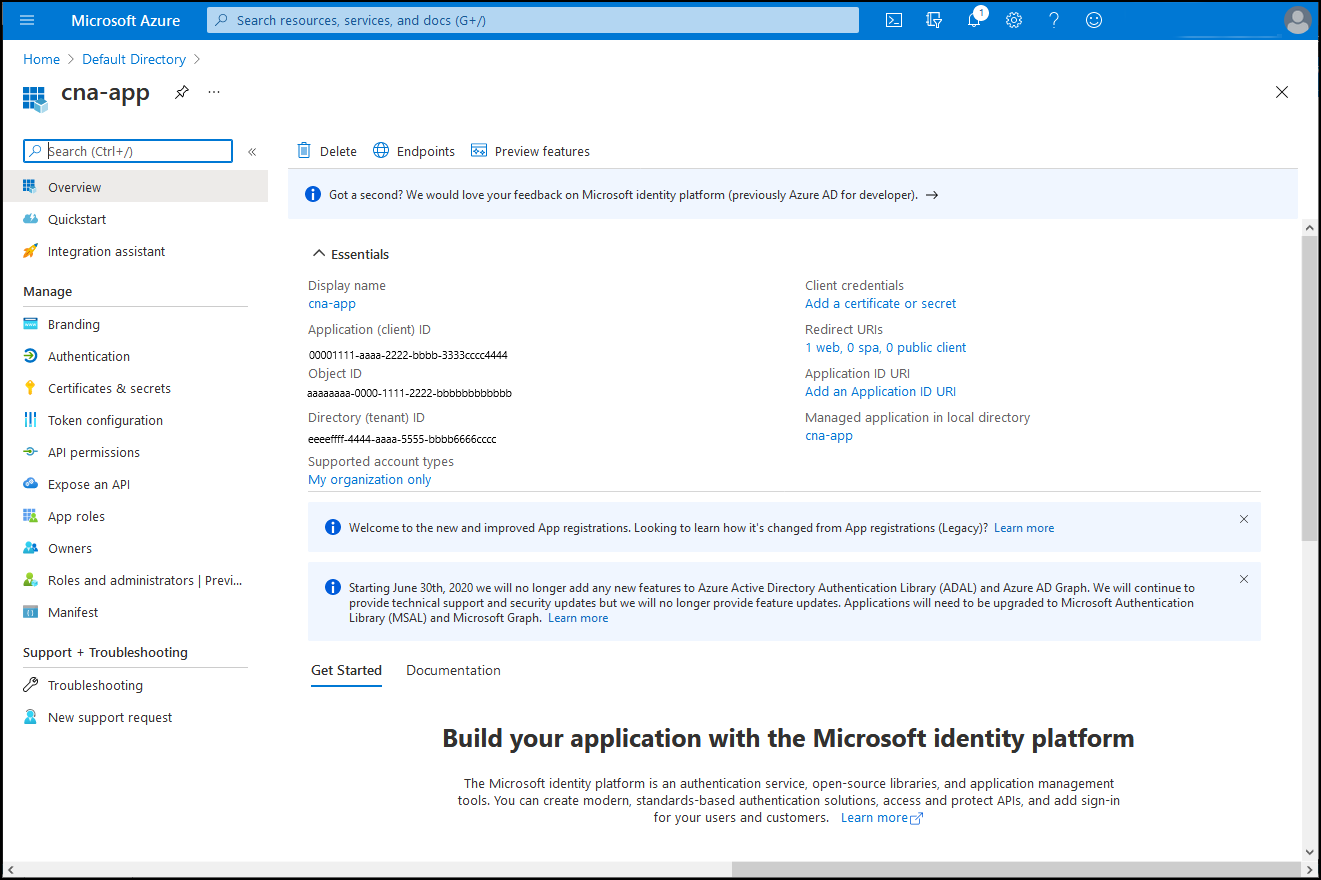 Zrzut ekranu przedstawiający blok can-app w witrynie Azure Portal.