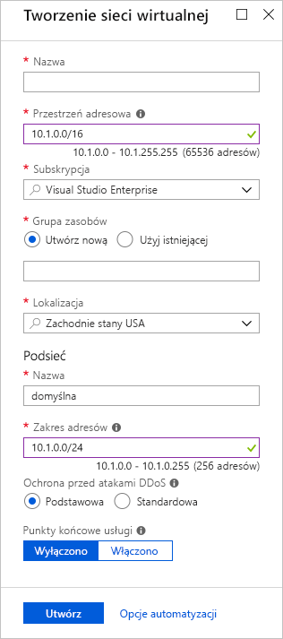 Screenshot of the Azure portal showing an example of the Create virtual network pane fields.