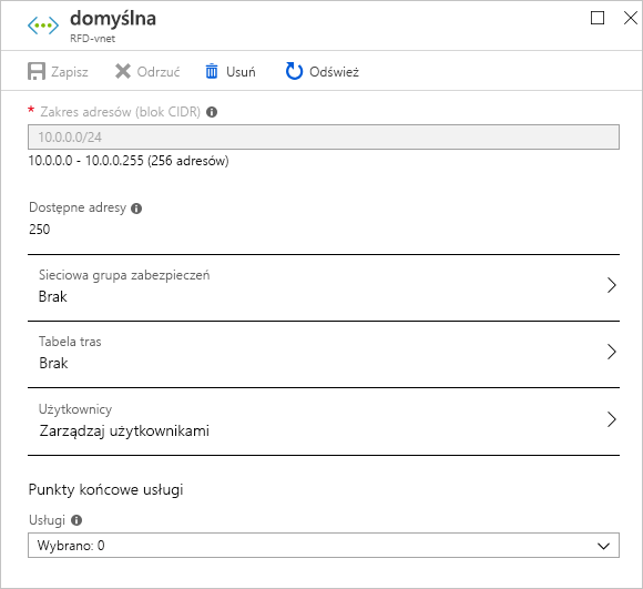 Screenshot of the Azure portal showing an example pane for editing virtual network settings.