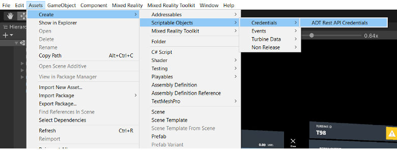 Zrzut ekranu przedstawiający otwarte menu zasobów aparatu Unity z menu Create ScriptableObjects Credentials ADT Rest API Credentials (Poświadczenia interfejsu API REST ADT) wyboru menu Create ScriptableObjects > Credentials > (Poświadczenia > interfejsu API REST ADT).