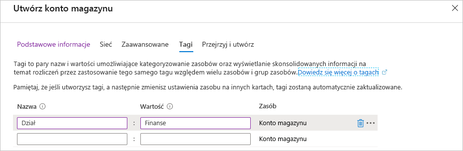 Zrzut ekranu przedstawiający witrynę Azure Portal z nowym tagiem Dział, dodawanym podczas tworzenia.