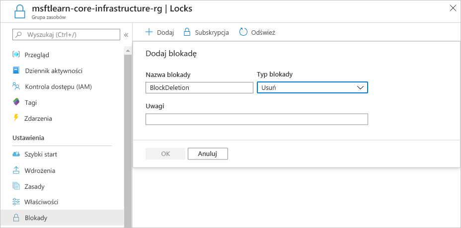 Zrzut ekranu przedstawiający witrynę Azure Portal podczas konfigurowania nowej blokady usuwania zasobu.