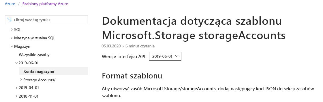 Zrzut ekranu przedstawiający stronę dokumentacji firmy Microsoft z wybraną dokumentacją konta magazynu.