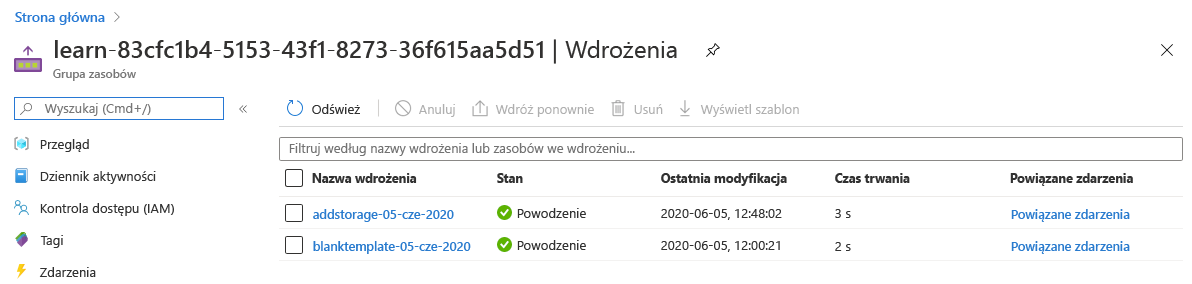 Zrzut ekranu przedstawiający interfejs witryny Azure Portal dla wdrożeń z dwoma wymienionymi wdrożeniami i stanami powodzenia.