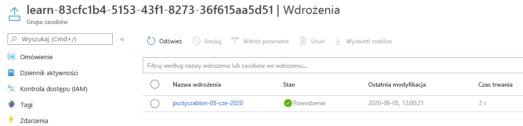 Interfejs witryny Azure Portal dla wdrożeń z wymienionym odpowiednim wdrożeniem i stanem wskazującym na powodzenie.