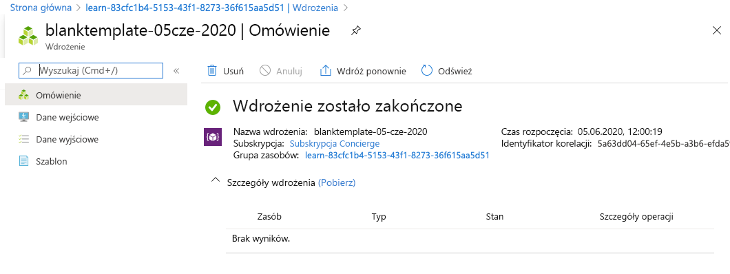 Interfejs witryny Azure Portal z widocznym konkretnym wdrożeniem bez zasobów.