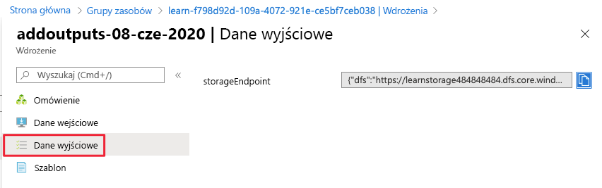 Zrzut ekranu witryny Azure Portal przedstawiający wybór danych wyjściowych w menu po lewej stronie.