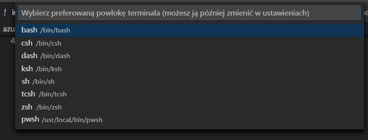 Zrzut ekranu przedstawiający okno terminalu programu Visual Studio Code z listą rozwijaną wybierz powłokę.