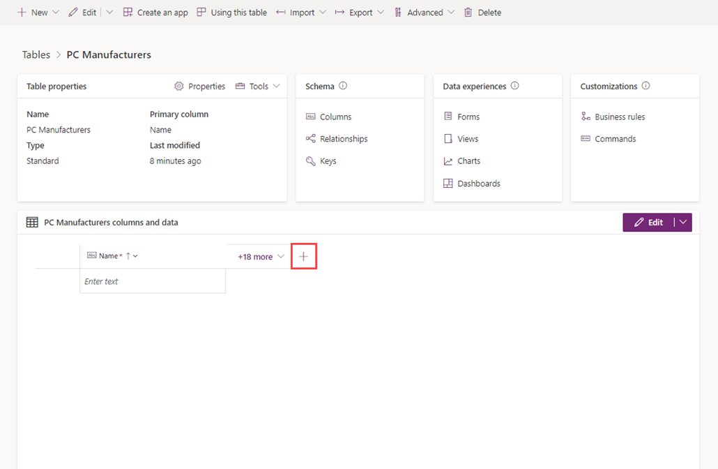 Screenshot of the Tables screen with the add button highlighted next to the columns and data pane.