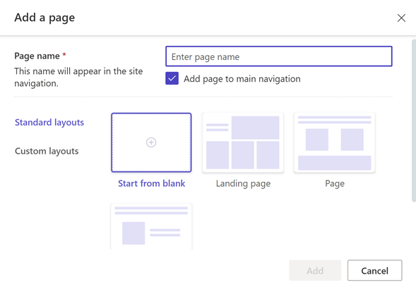 Screenshot of the page that allows the user to define your page to start from a template or from blank.