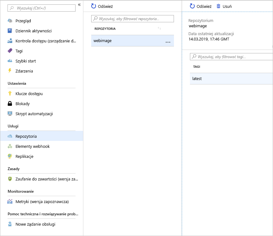 Zrzut ekranu przedstawiający repozytoria i obrazy przekazane do usługi Azure Container Registry.