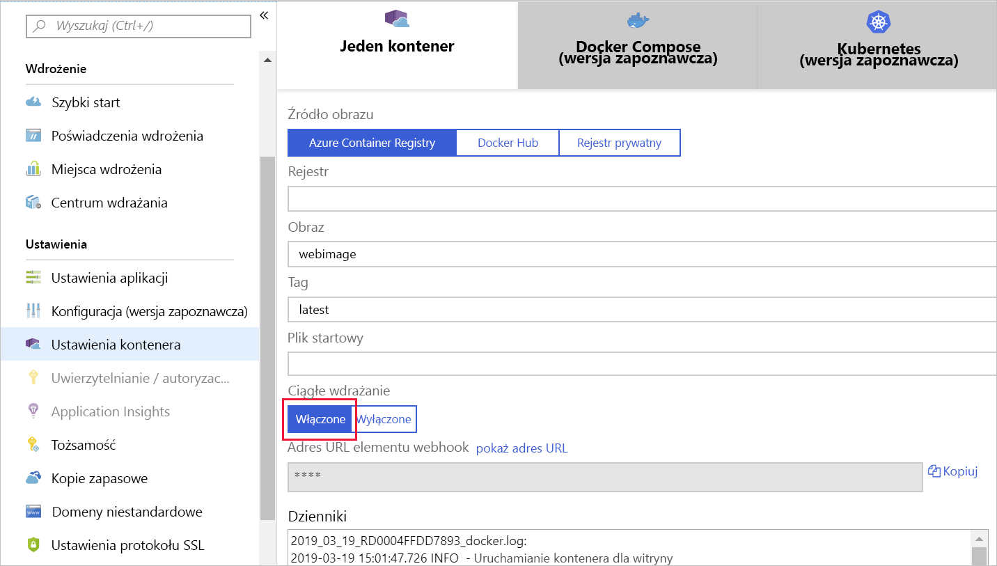 Zrzut ekranu przedstawiający ustawienia kontenera dla aplikacji internetowej z włączonym ciągłym wdrażaniem.