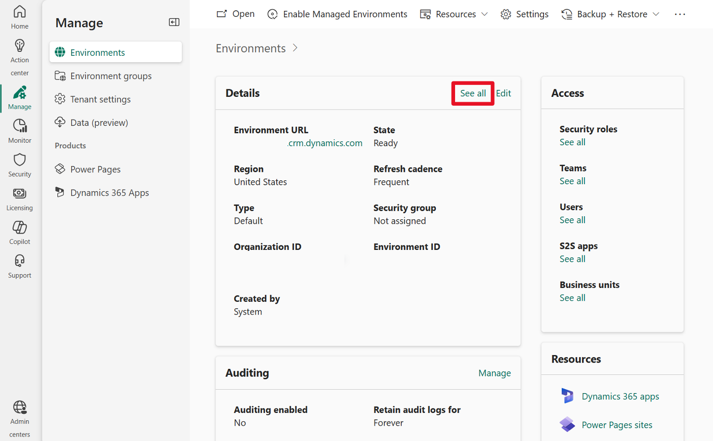 Screenshot of environment details as viewed from the admin center with focus on See All.