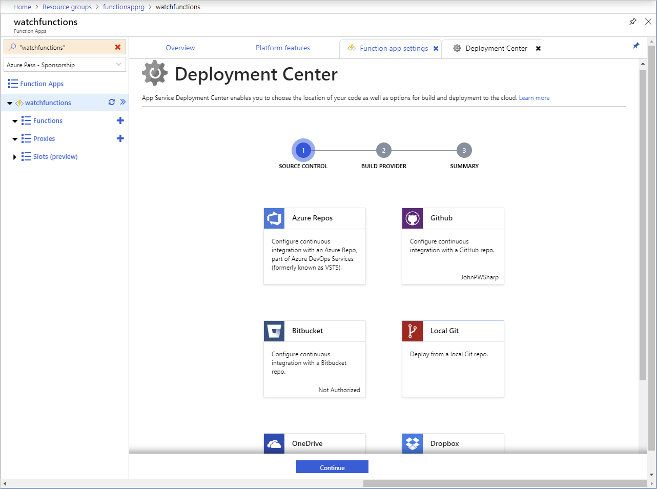 Zrzut ekranu przedstawiający stronę Centrum wdrażania w aplikacji usługi Azure Functions.