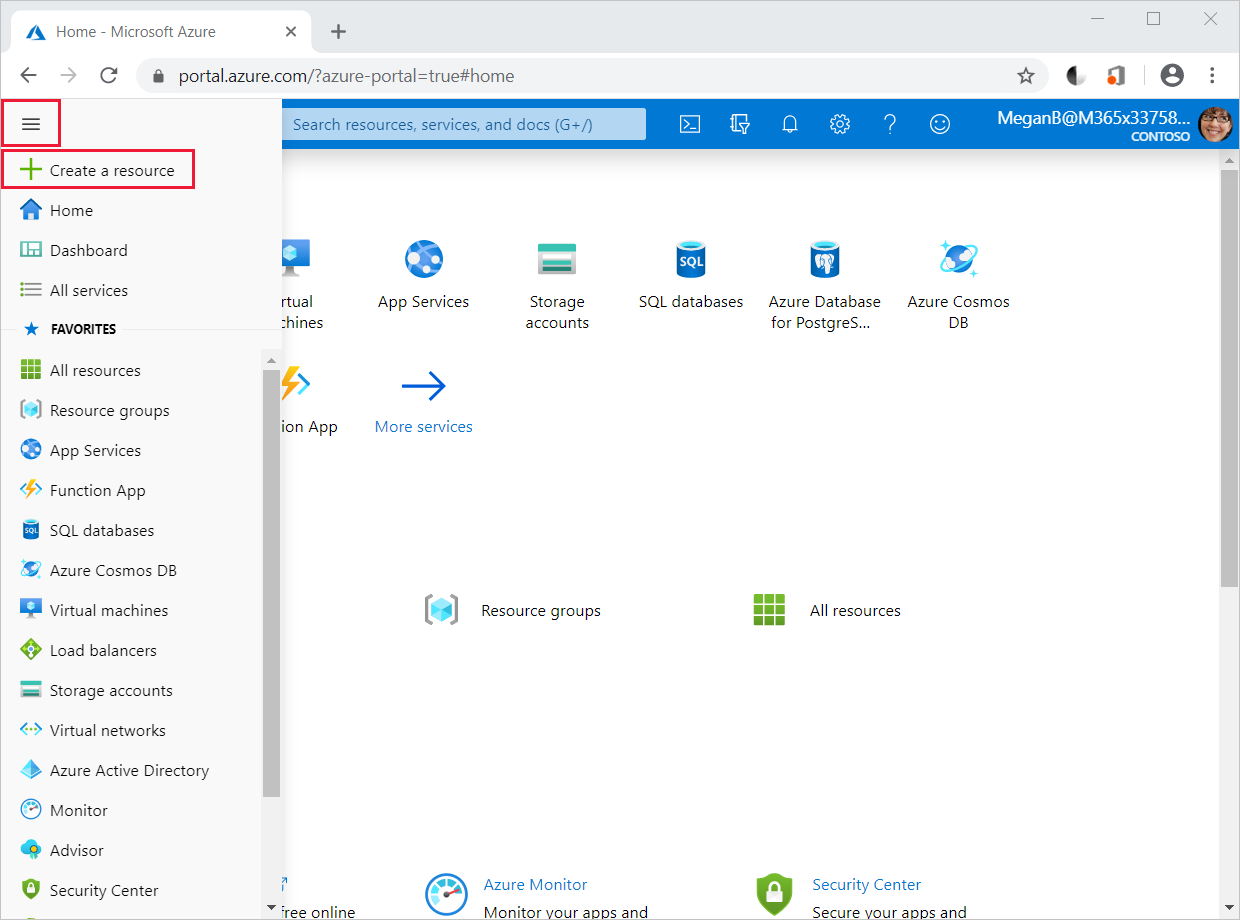 Zrzut ekranu przedstawiający menu witryny Azure Portal i opcję Utwórz zasób.