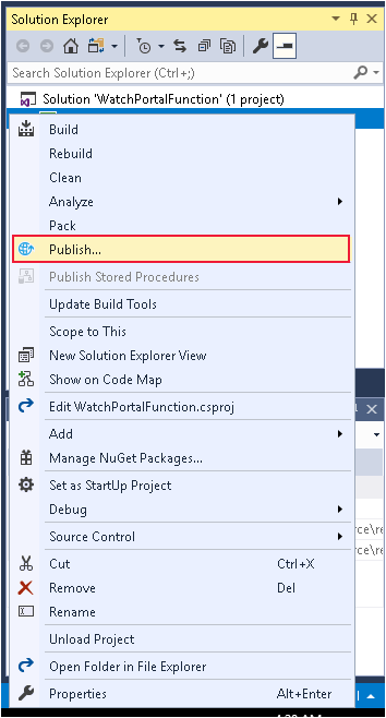 Zrzut ekranu programu Visual Studio przedstawiający opcję Publikuj dla projektu WatchPortalFunctions.