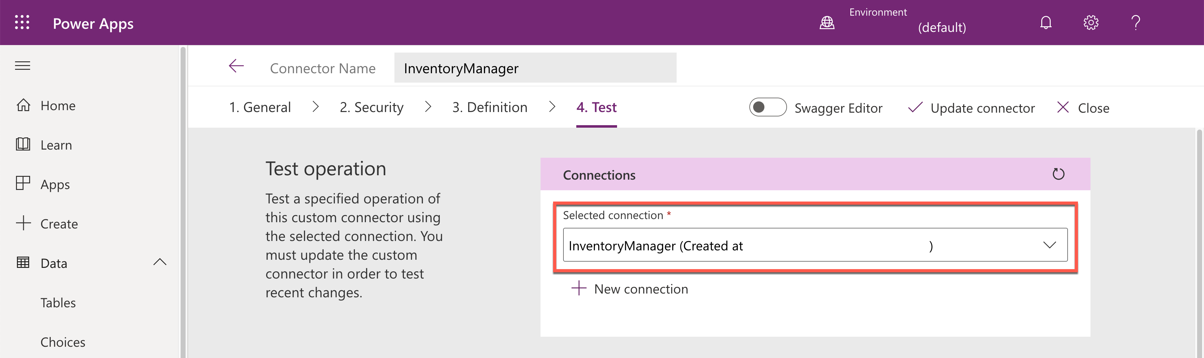 Custom Connector Test Tab