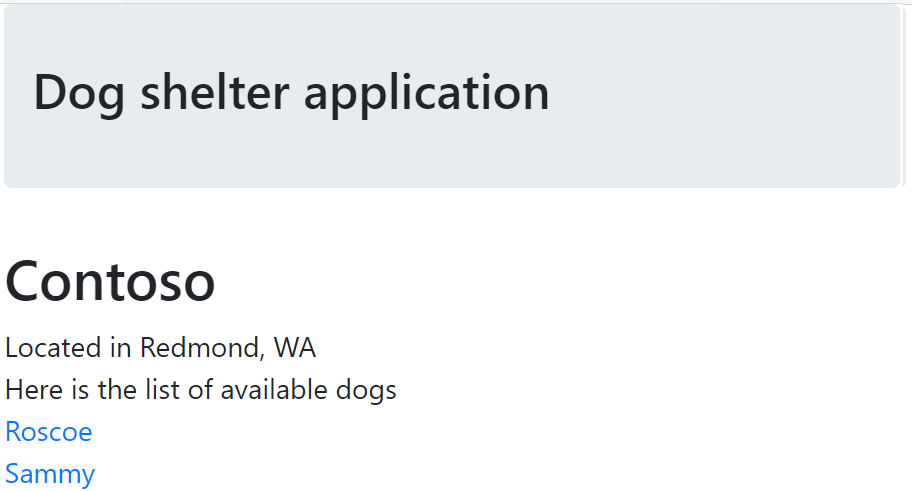 Zrzut ekranu przedstawiający stronę zawierającą szczegóły schronienia dla firmy Contoso, w tym dwa psy Sammy i Roscoe.