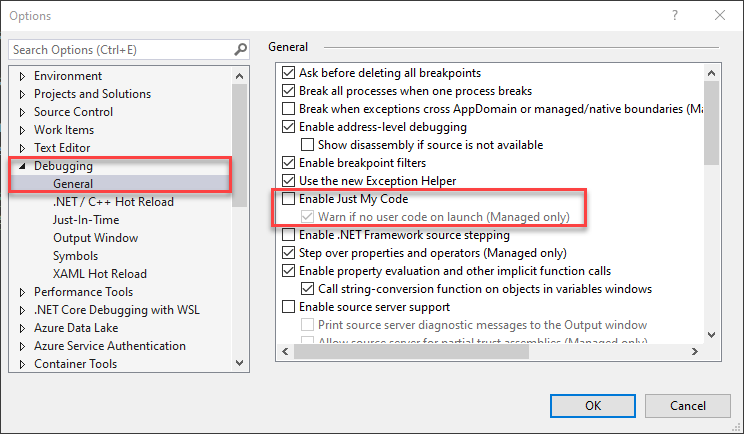 Zrzut ekranu przedstawiający ustawienia debugowania programu Visual Studio.