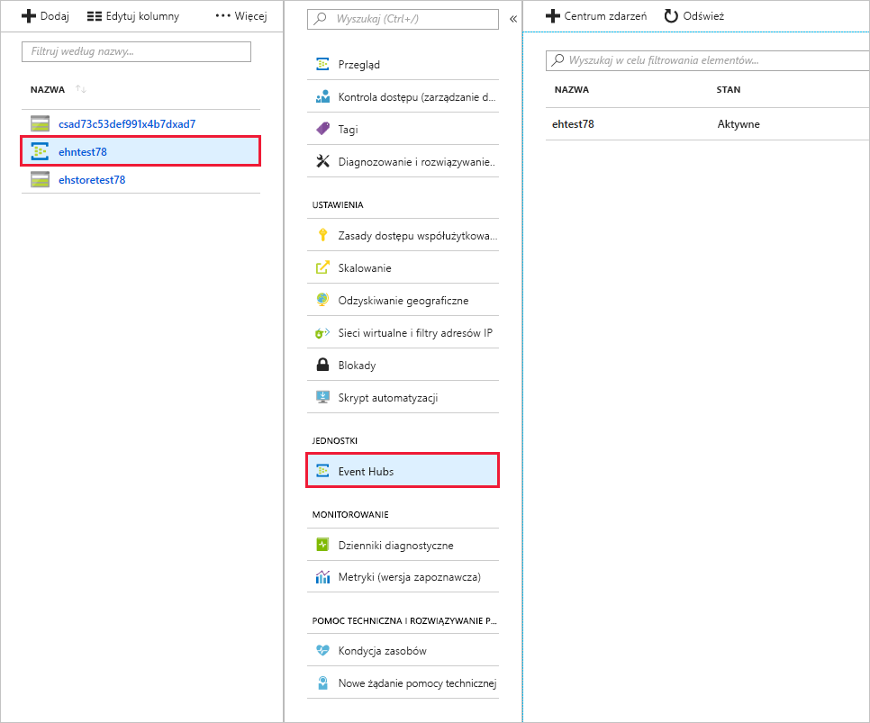 Centrum zdarzeń wyświetlane w witrynie Azure Portal.
