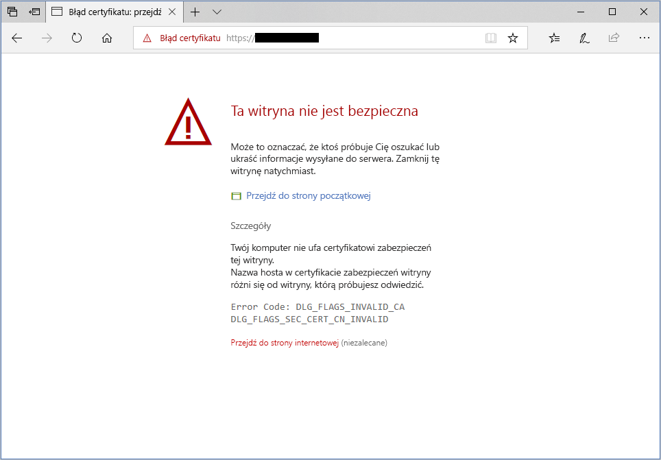 Screenshot of a warning about an unauthenticated server in Microsoft Edge.