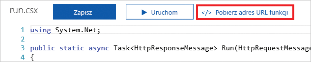 Zrzut ekranu witryny Azure Portal przedstawiający okienko Aplikacja usługi Functions z wyróżnionym przyciskiem Pobierz adres URL funkcji.