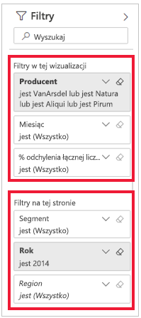 Zrzut ekranu okienka Filtry z wyróżnionymi filtrami na tej stronie.