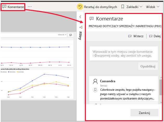 Zrzut ekranu przykładowego udostępnionego pulpitu nawigacyjnego z komentarzem.